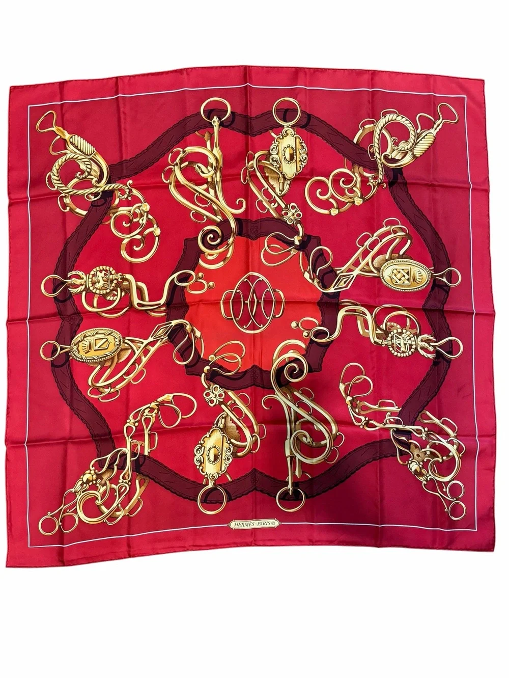 Hermes Red Silk Scarf with Gold Equestrian Hardware Motif